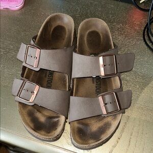 Birkenstock Tan Sandals with Rose Gold Buckles